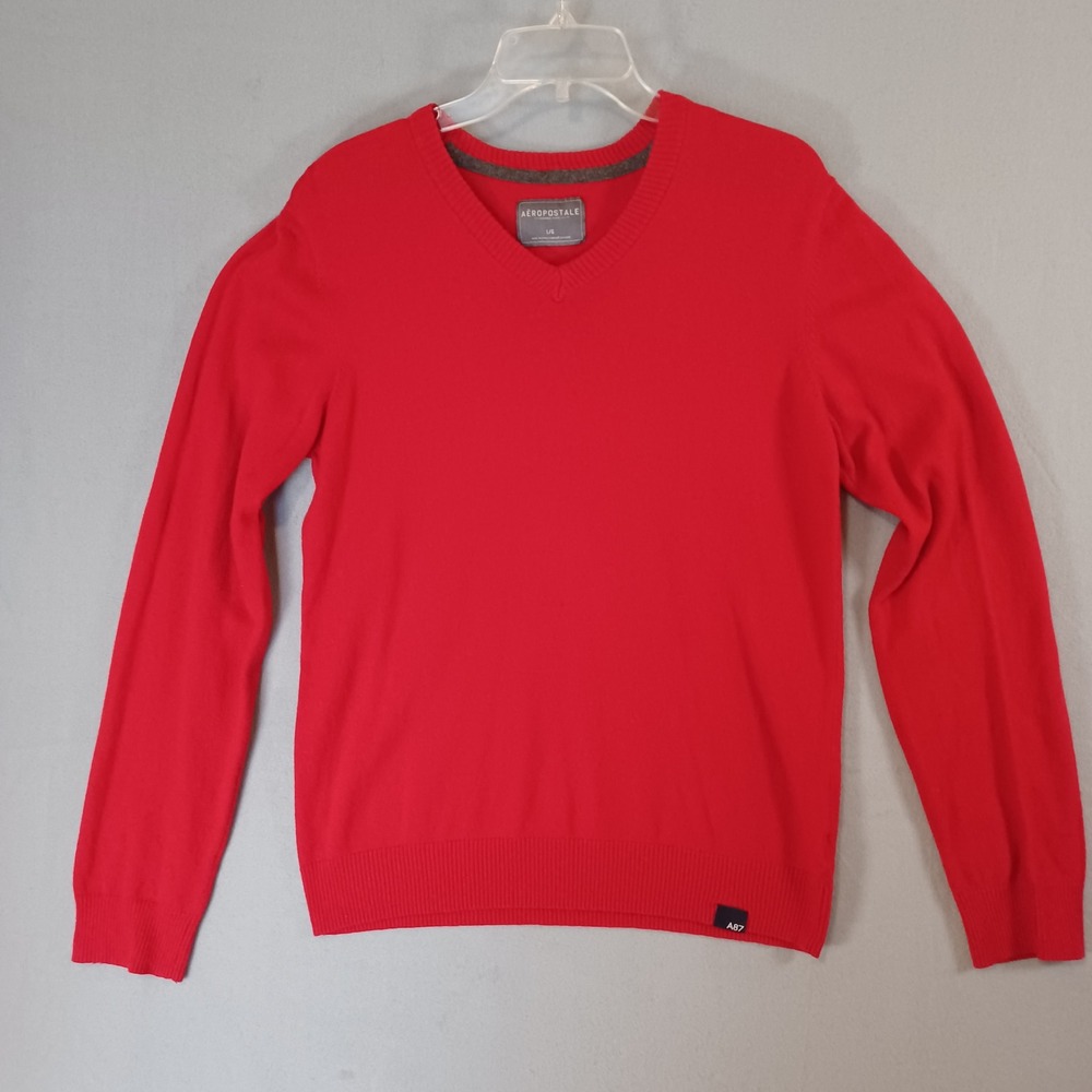 Aeropostale Mens Red V-Neck Sweater Cotton Wool Blend A87 Logo Size Large